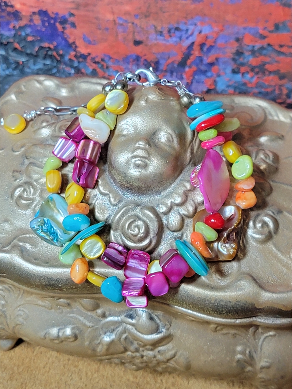Bohemian Colorful Multi-Stone & Seashell Bracelet Artisian